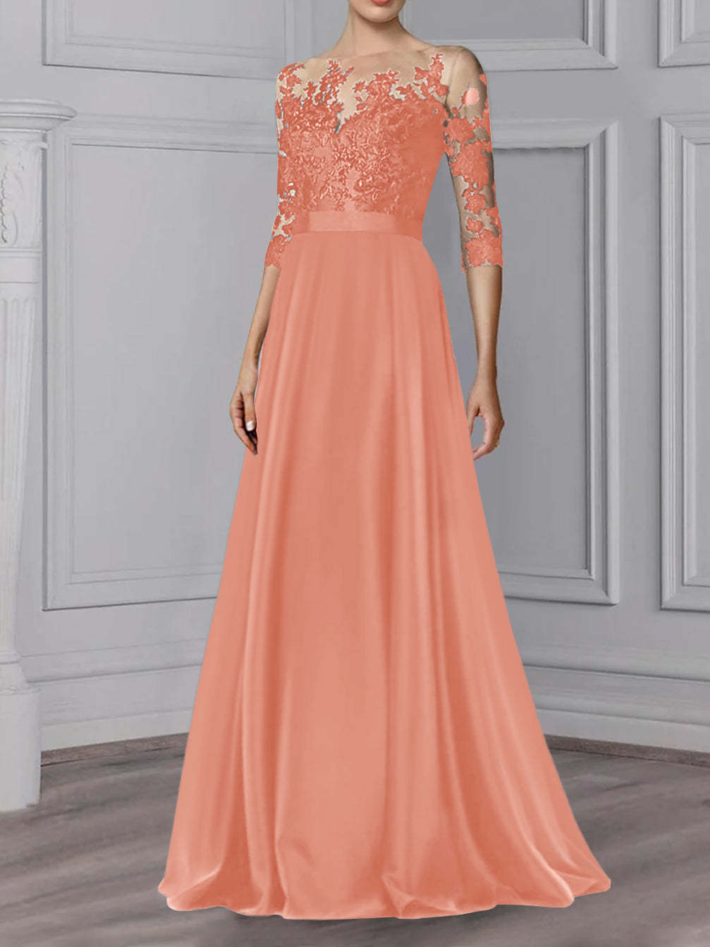 Floor-Length Mother of the Bride A-Line Dress with Jewel Neck and 3/4 Sleeves-BMbridal