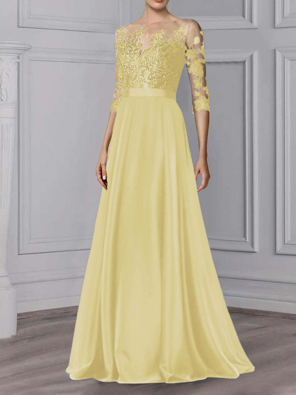 Floor-Length Mother of the Bride A-Line Dress with Jewel Neck and 3/4 Sleeves-BMbridal