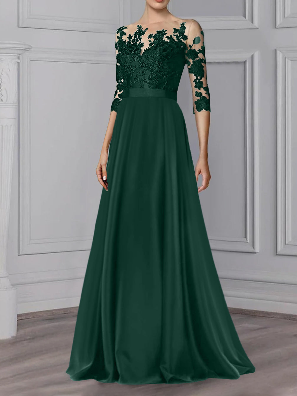 Floor-Length Mother of the Bride A-Line Dress with Jewel Neck and 3/4 Sleeves-BMbridal