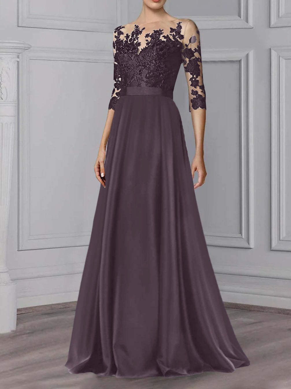 Floor-Length Mother of the Bride A-Line Dress with Jewel Neck and 3/4 Sleeves-BMbridal