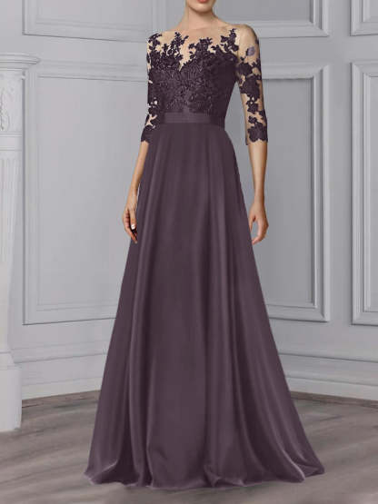 Floor-Length Mother of the Bride A-Line Dress with Jewel Neck and 3/4 Sleeves-BMbridal