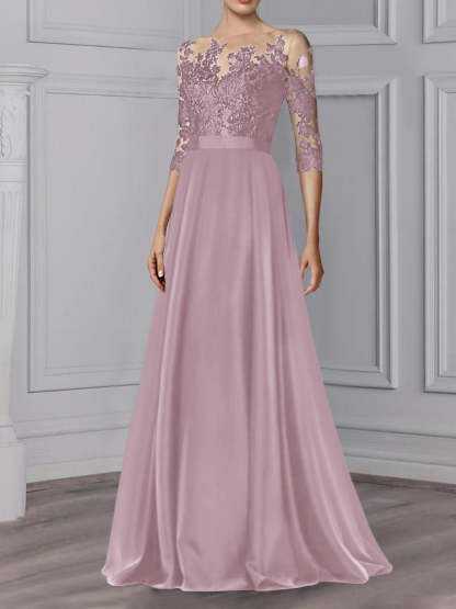 Floor-Length Mother of the Bride A-Line Dress with Jewel Neck and 3/4 Sleeves-BMbridal