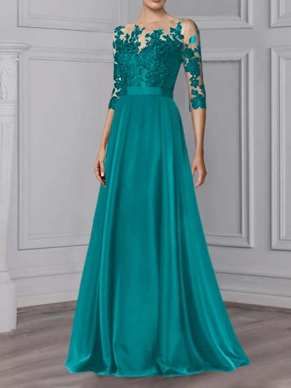 Floor-Length Mother of the Bride A-Line Dress with Jewel Neck and 3/4 Sleeves-BMbridal
