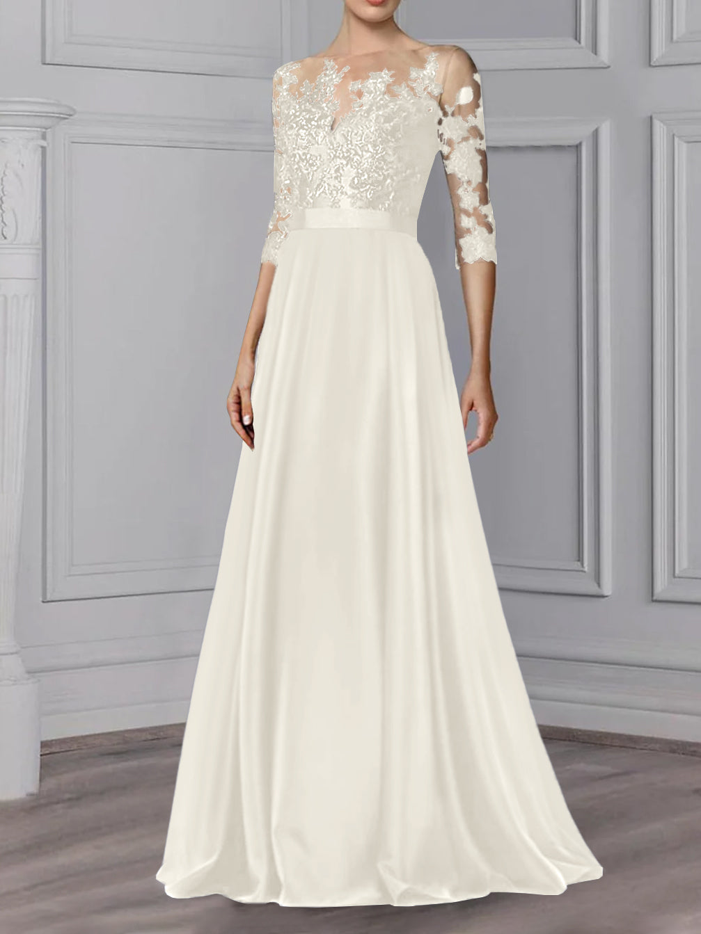 Floor-Length Mother of the Bride A-Line Dress with Jewel Neck and 3/4 Sleeves-BMbridal