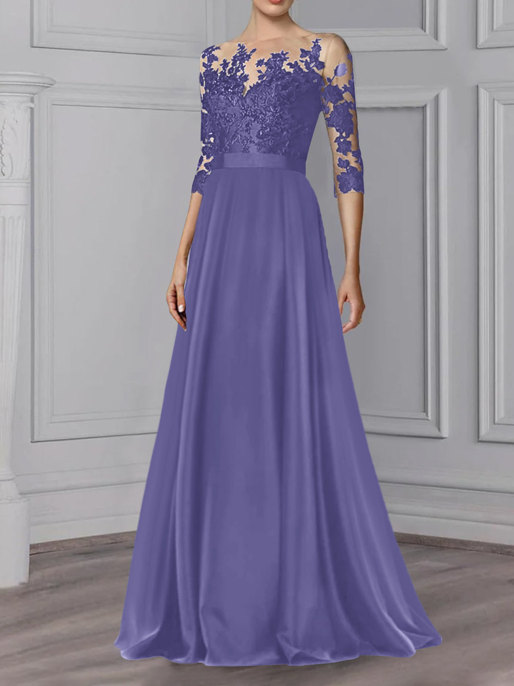 Floor-Length Mother of the Bride A-Line Dress with Jewel Neck and 3/4 Sleeves-BMbridal