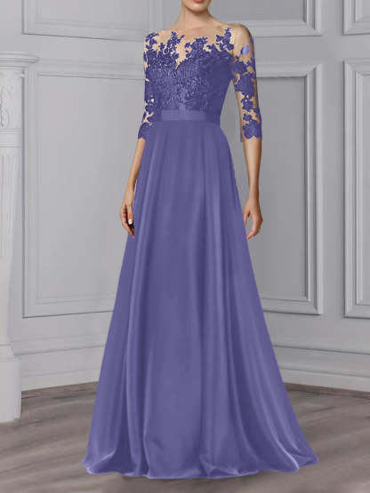 Floor-Length Mother of the Bride A-Line Dress with Jewel Neck and 3/4 Sleeves-BMbridal