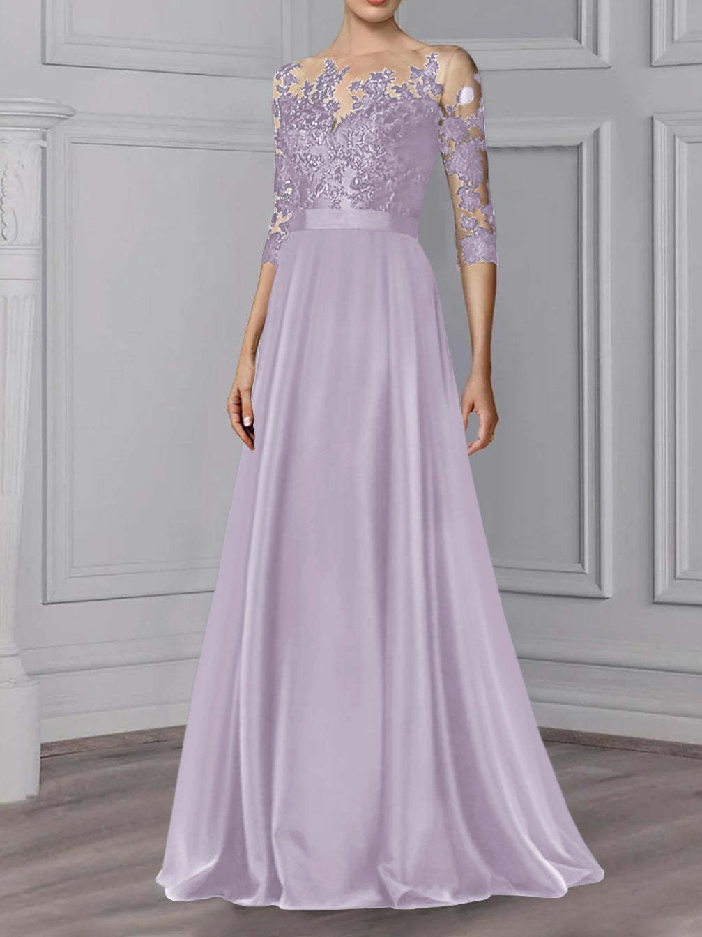 Floor-Length Mother of the Bride A-Line Dress with Jewel Neck and 3/4 Sleeves-BMbridal