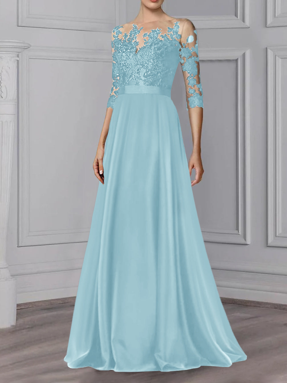 Floor-Length Mother of the Bride A-Line Dress with Jewel Neck and 3/4 Sleeves-BMbridal
