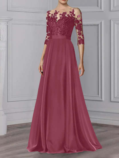 Floor-Length Mother of the Bride A-Line Dress with Jewel Neck and 3/4 Sleeves-BMbridal