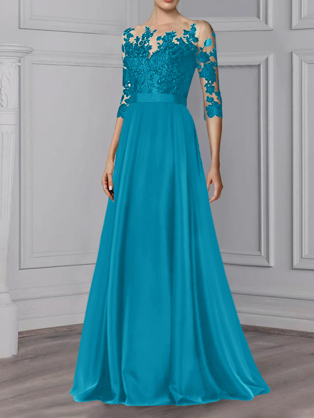 Floor-Length Mother of the Bride A-Line Dress with Jewel Neck and 3/4 Sleeves-BMbridal