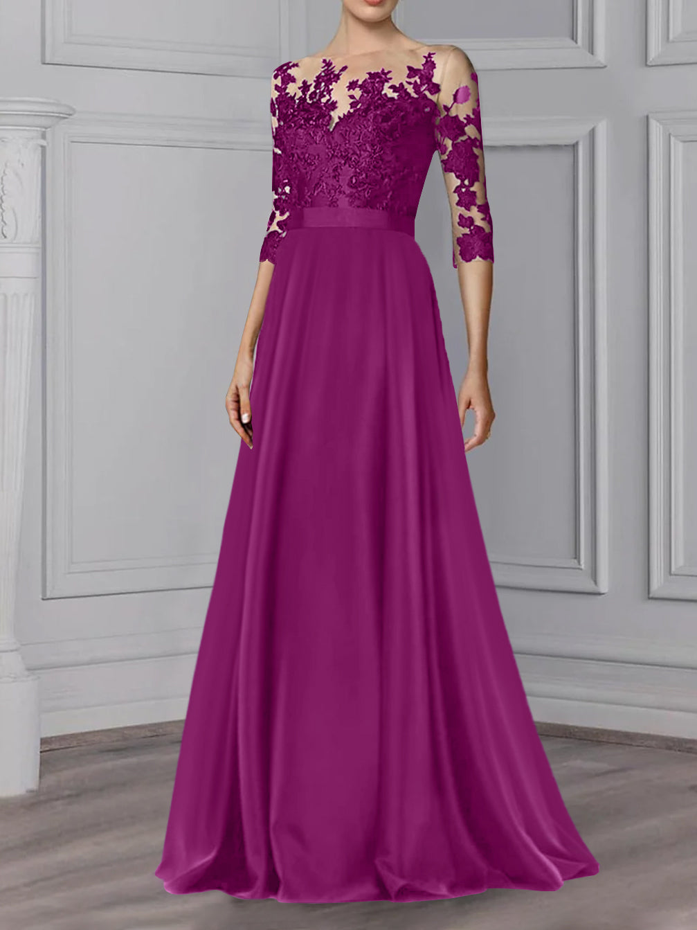 Floor-Length Mother of the Bride A-Line Dress with Jewel Neck and 3/4 Sleeves-BMbridal