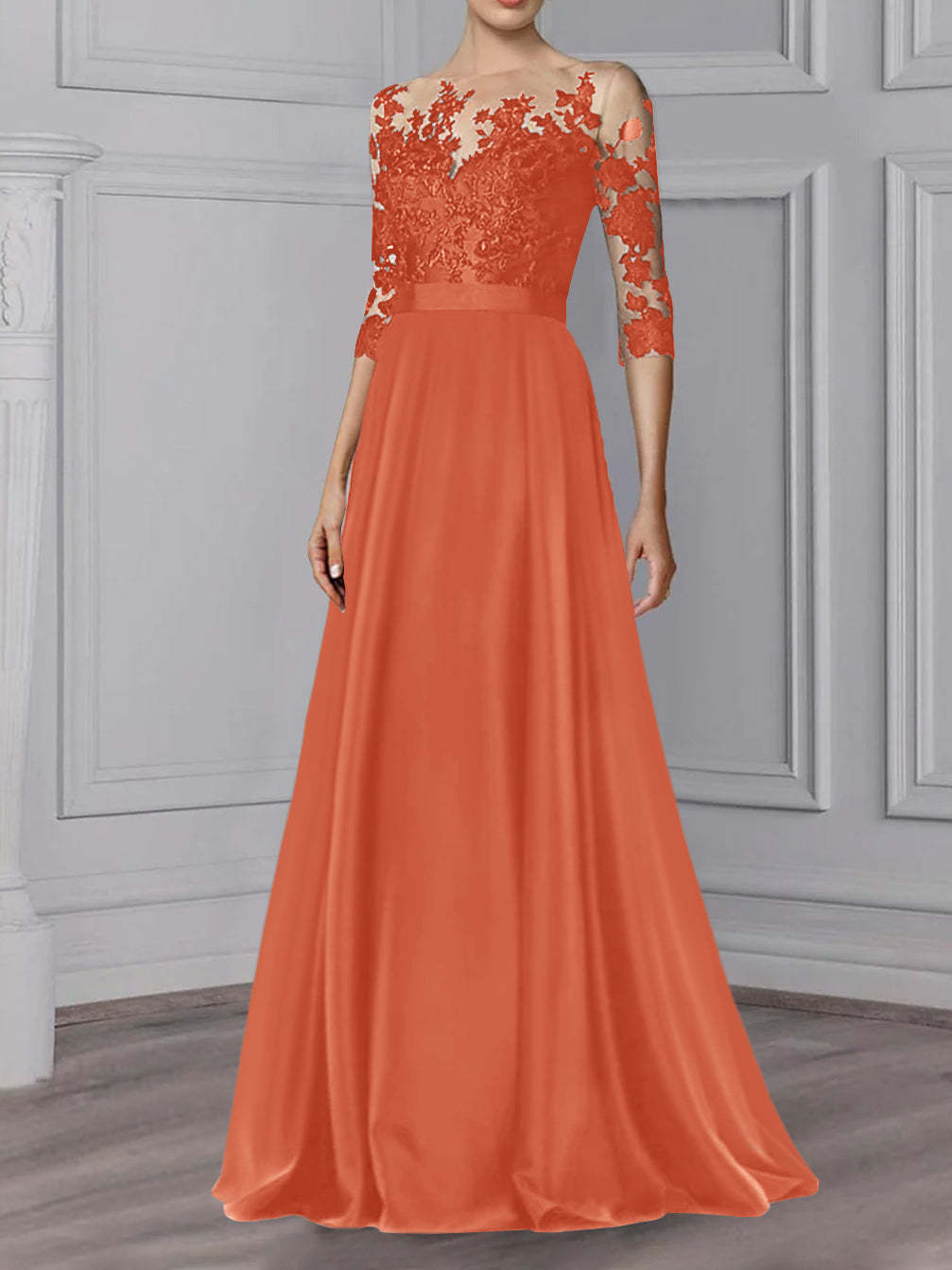 Floor-Length Mother of the Bride A-Line Dress with Jewel Neck and 3/4 Sleeves-BMbridal