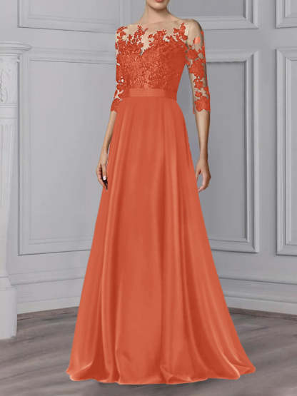 Floor-Length Mother of the Bride A-Line Dress with Jewel Neck and 3/4 Sleeves-BMbridal