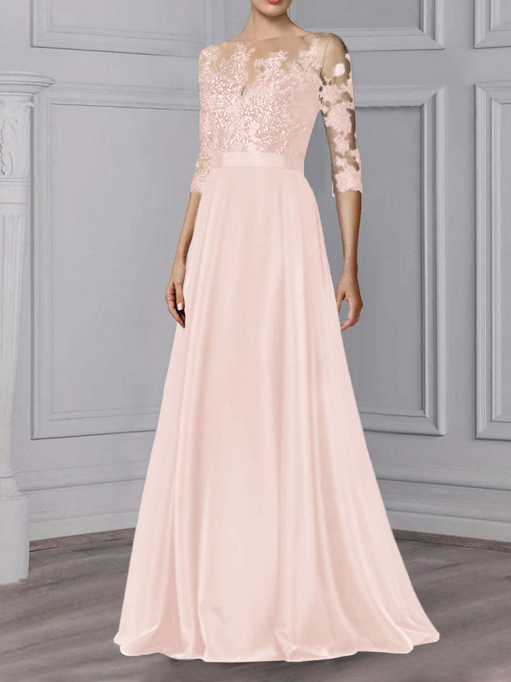 Floor-Length Mother of the Bride A-Line Dress with Jewel Neck and 3/4 Sleeves-BMbridal