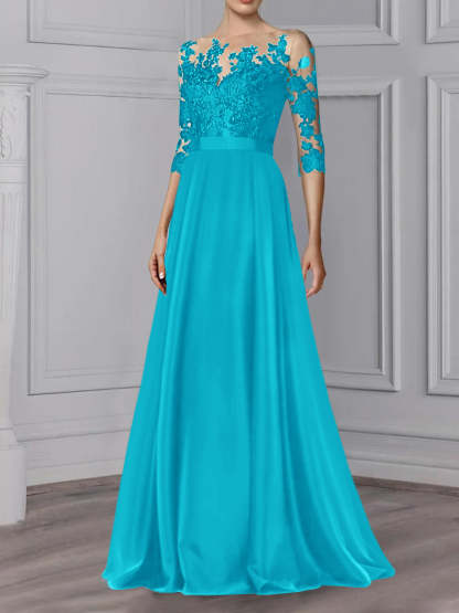 Floor-Length Mother of the Bride A-Line Dress with Jewel Neck and 3/4 Sleeves-BMbridal