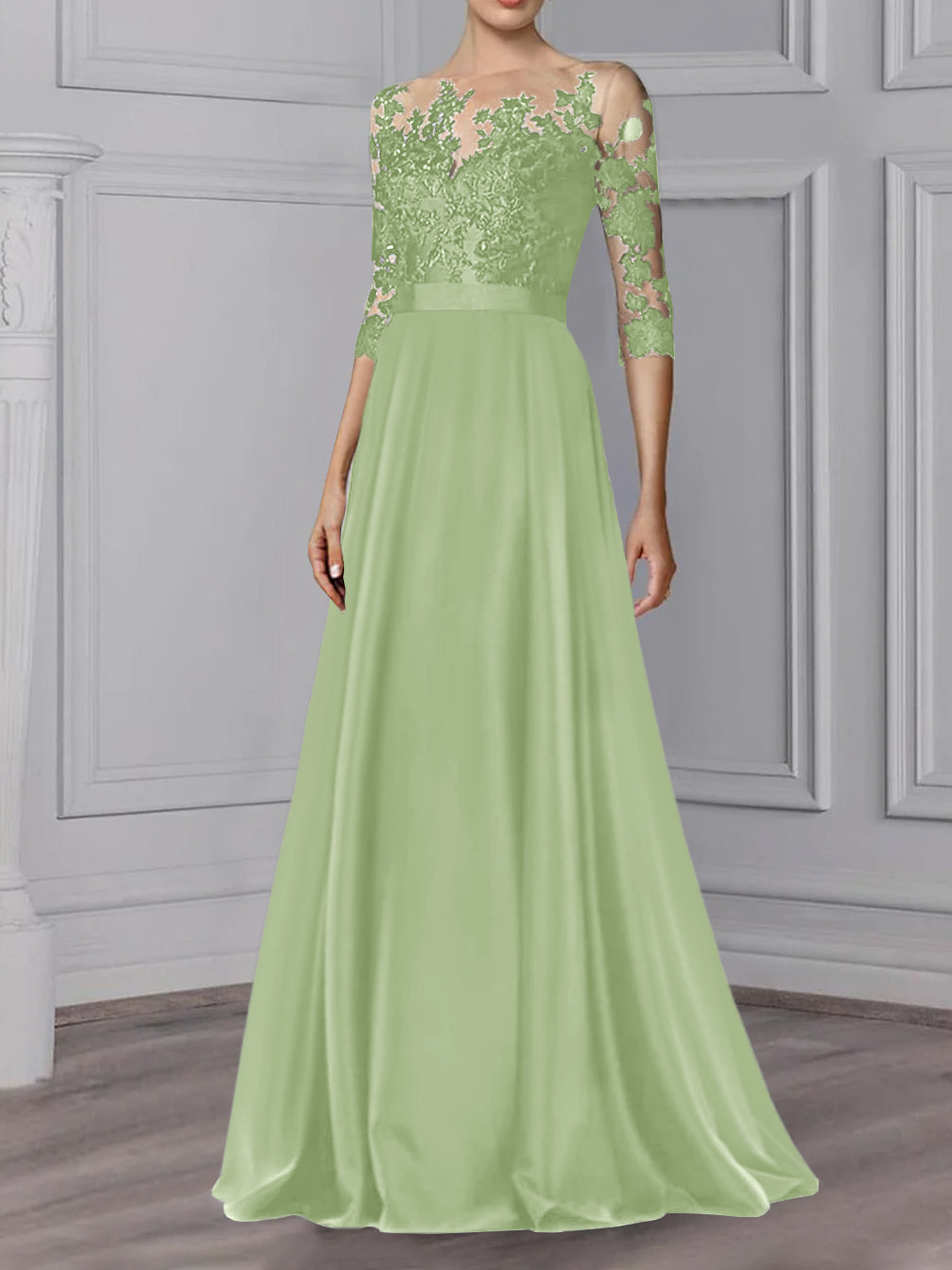 Floor-Length Mother of the Bride A-Line Dress with Jewel Neck and 3/4 Sleeves-BMbridal