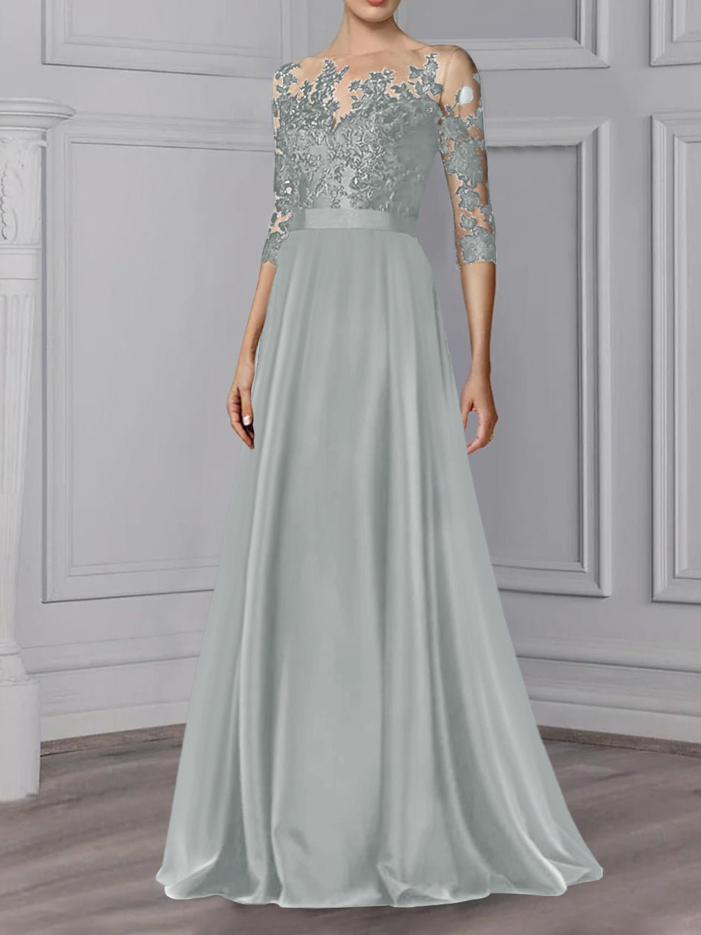 Floor-Length Mother of the Bride A-Line Dress with Jewel Neck and 3/4 Sleeves-BMbridal