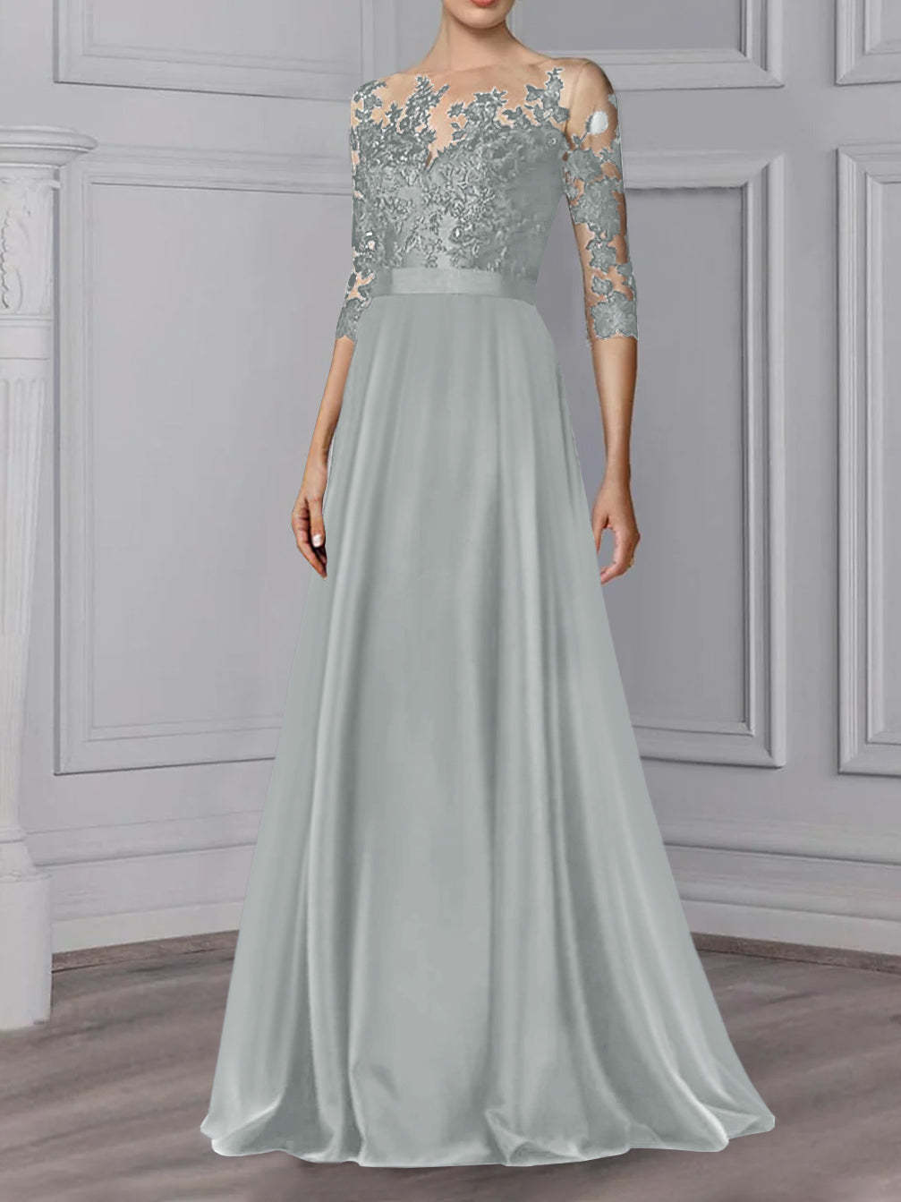 Floor-Length Mother of the Bride A-Line Dress with Jewel Neck and 3/4 Sleeves-BMbridal