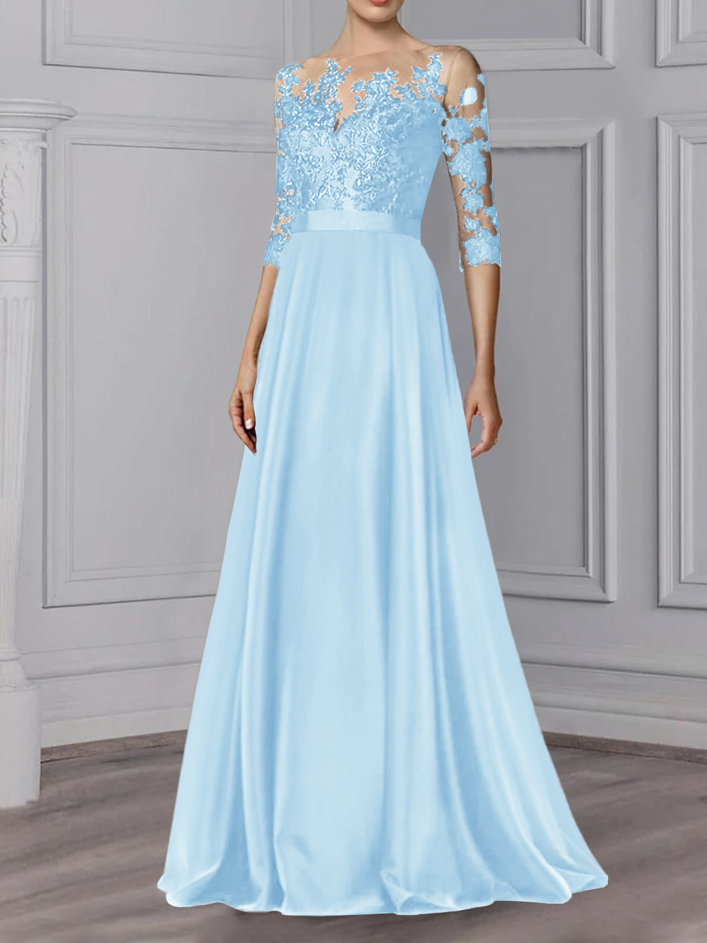 Floor-Length Mother of the Bride A-Line Dress with Jewel Neck and 3/4 Sleeves-BMbridal