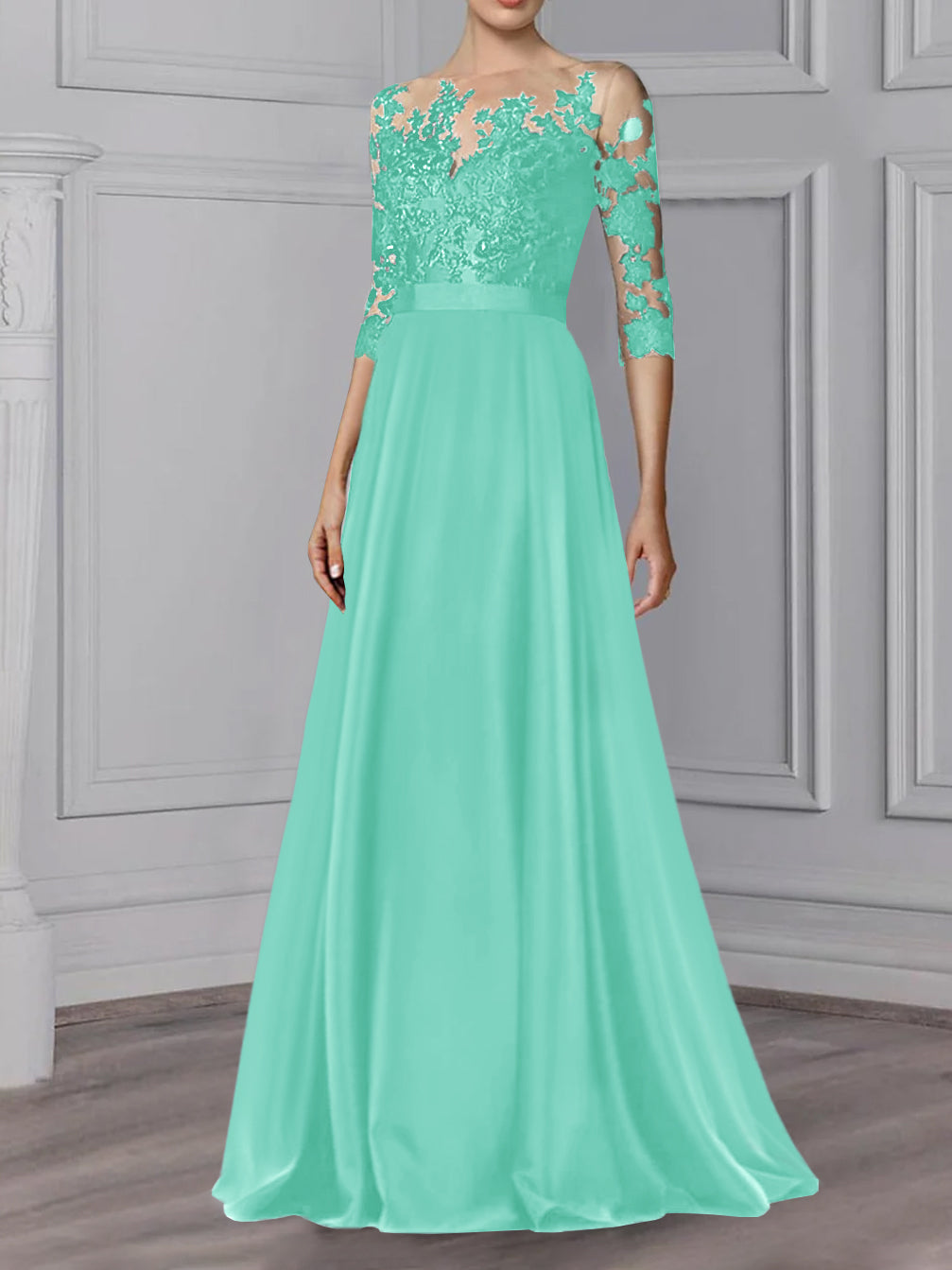 Floor-Length Mother of the Bride A-Line Dress with Jewel Neck and 3/4 Sleeves-BMbridal
