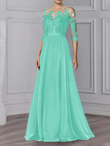 Floor-Length Mother of the Bride A-Line Dress with Jewel Neck and 3/4 Sleeves-BMbridal