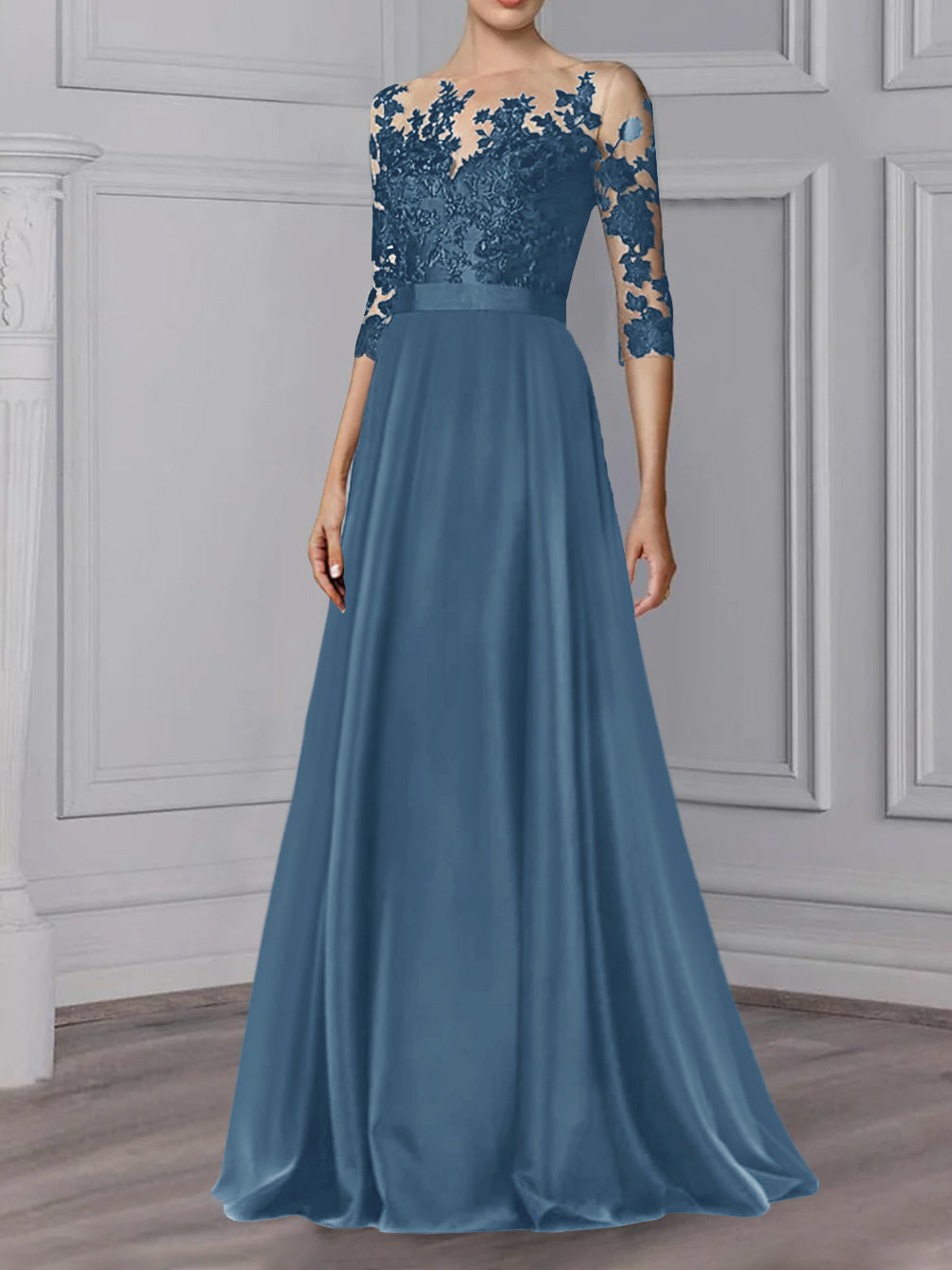 Floor-Length Mother of the Bride A-Line Dress with Jewel Neck and 3/4 Sleeves-BMbridal