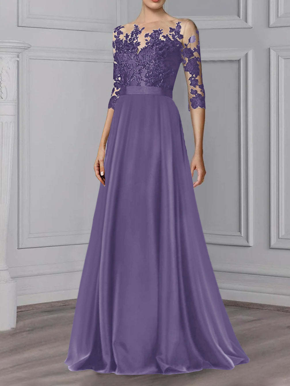 Floor-Length Mother of the Bride A-Line Dress with Jewel Neck and 3/4 Sleeves-BMbridal