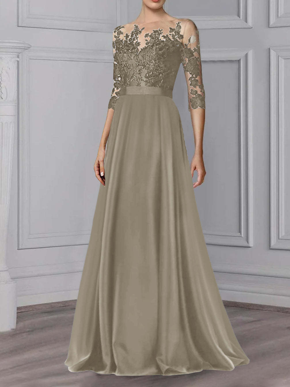 Floor-Length Mother of the Bride A-Line Dress with Jewel Neck and 3/4 Sleeves-BMbridal