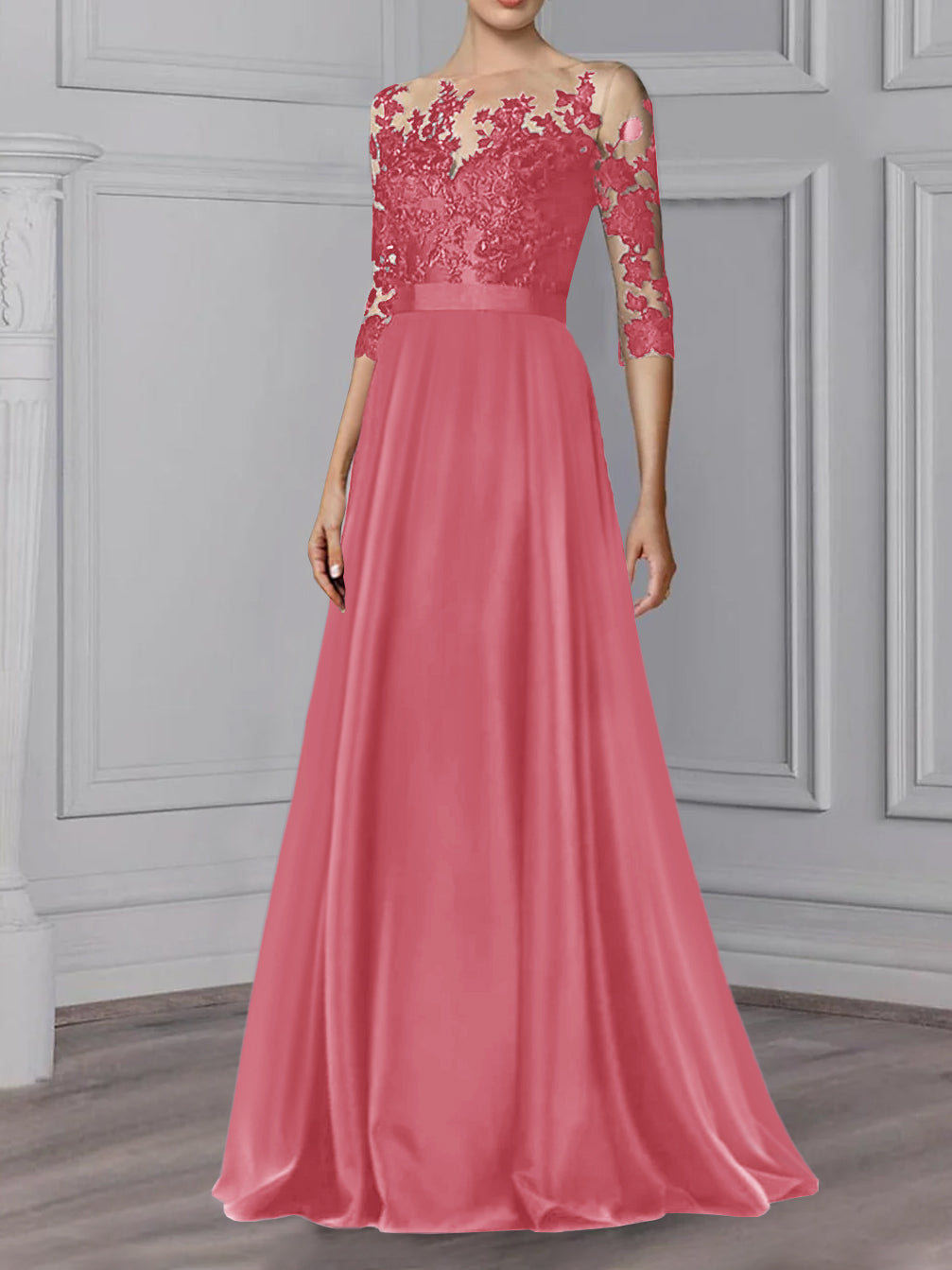 Floor-Length Mother of the Bride A-Line Dress with Jewel Neck and 3/4 Sleeves-BMbridal
