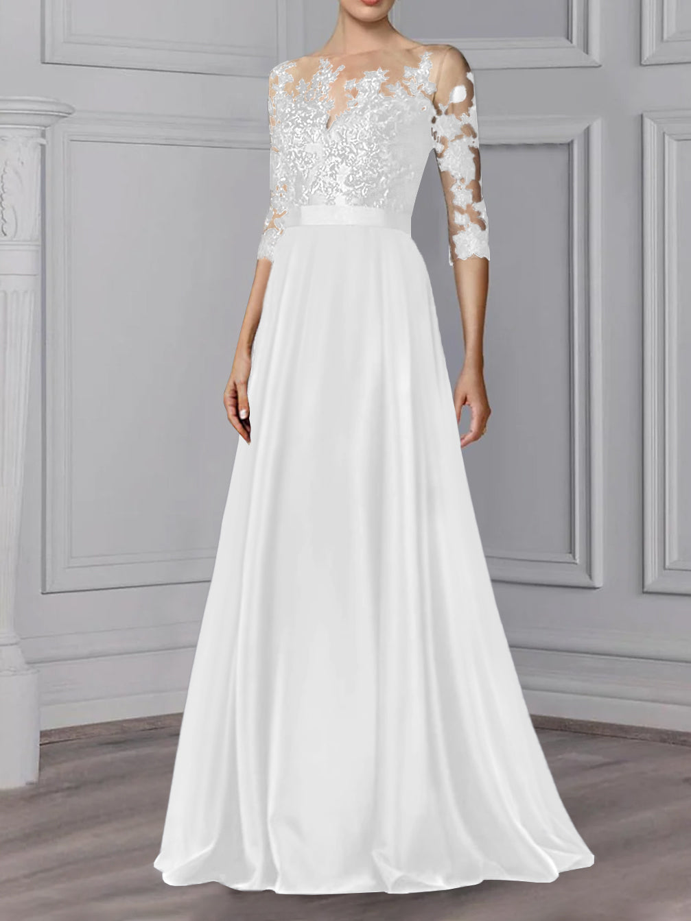 Floor-Length Mother of the Bride A-Line Dress with Jewel Neck and 3/4 Sleeves-BMbridal