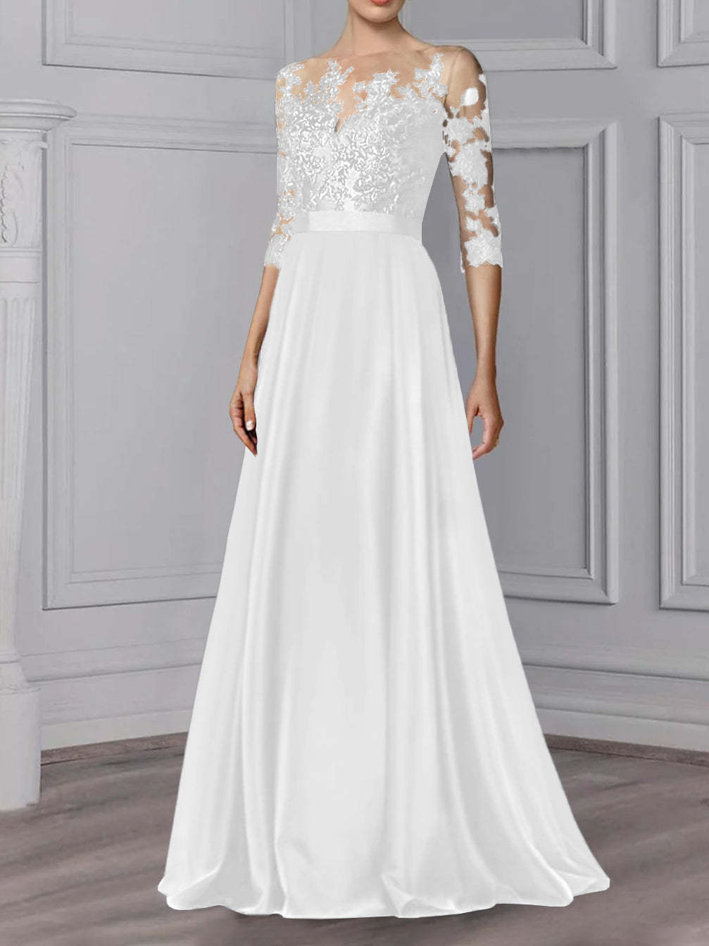 Floor-Length Mother of the Bride A-Line Dress with Jewel Neck and 3/4 Sleeves-BMbridal