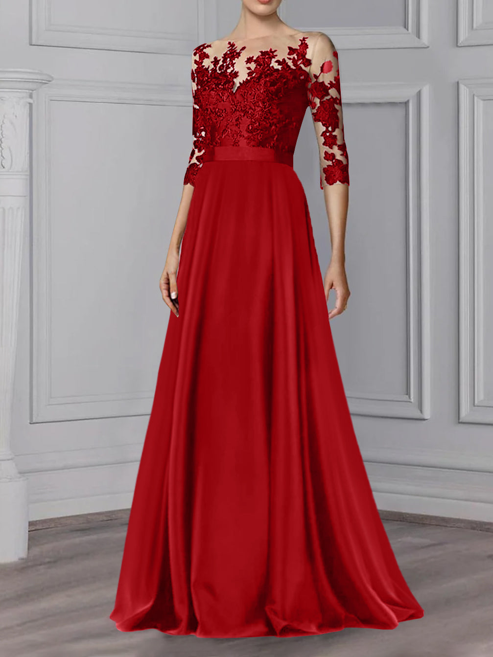 Floor-Length Mother of the Bride A-Line Dress with Jewel Neck and 3/4 Sleeves-BMbridal