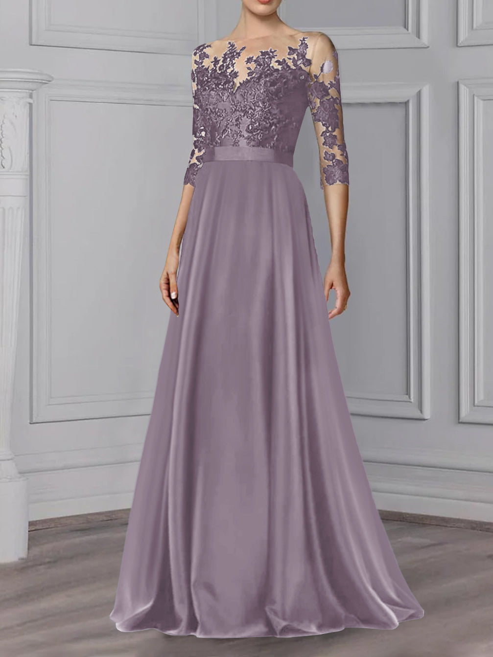 Floor-Length Mother of the Bride A-Line Dress with Jewel Neck and 3/4 Sleeves-BMbridal