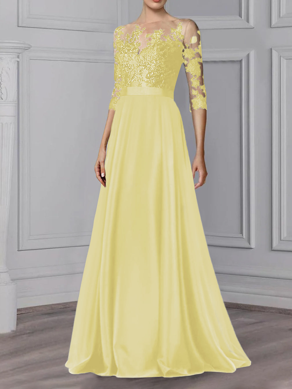 Floor-Length Mother of the Bride A-Line Dress with Jewel Neck and 3/4 Sleeves-BMbridal