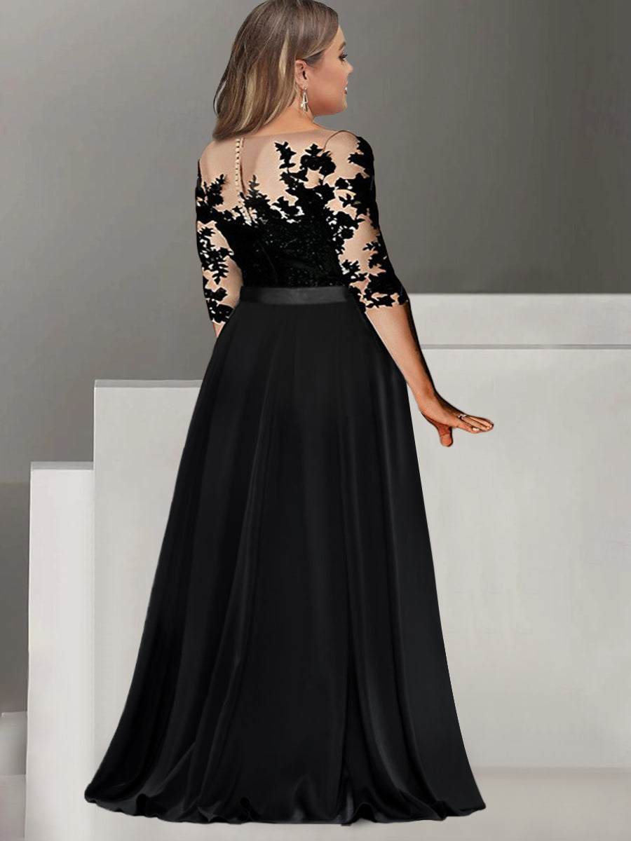 Plus Size Floor-Length Mother of the Bride & Groom A-Line Dress with Jewel Neck and 3/4 Sleeves-BMbridal