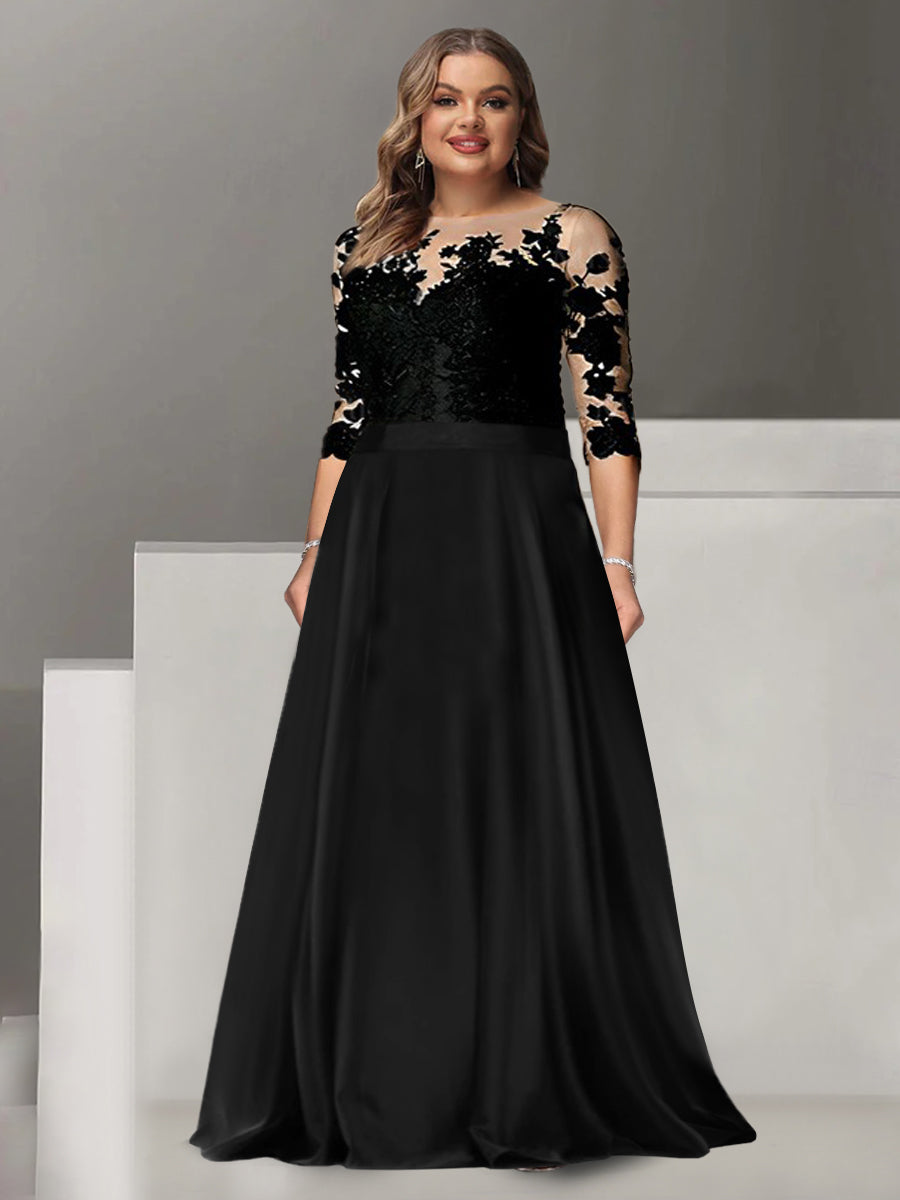 Plus Size Floor-Length Mother of the Bride & Groom A-Line Dress with Jewel Neck and 3/4 Sleeves-BMbridal