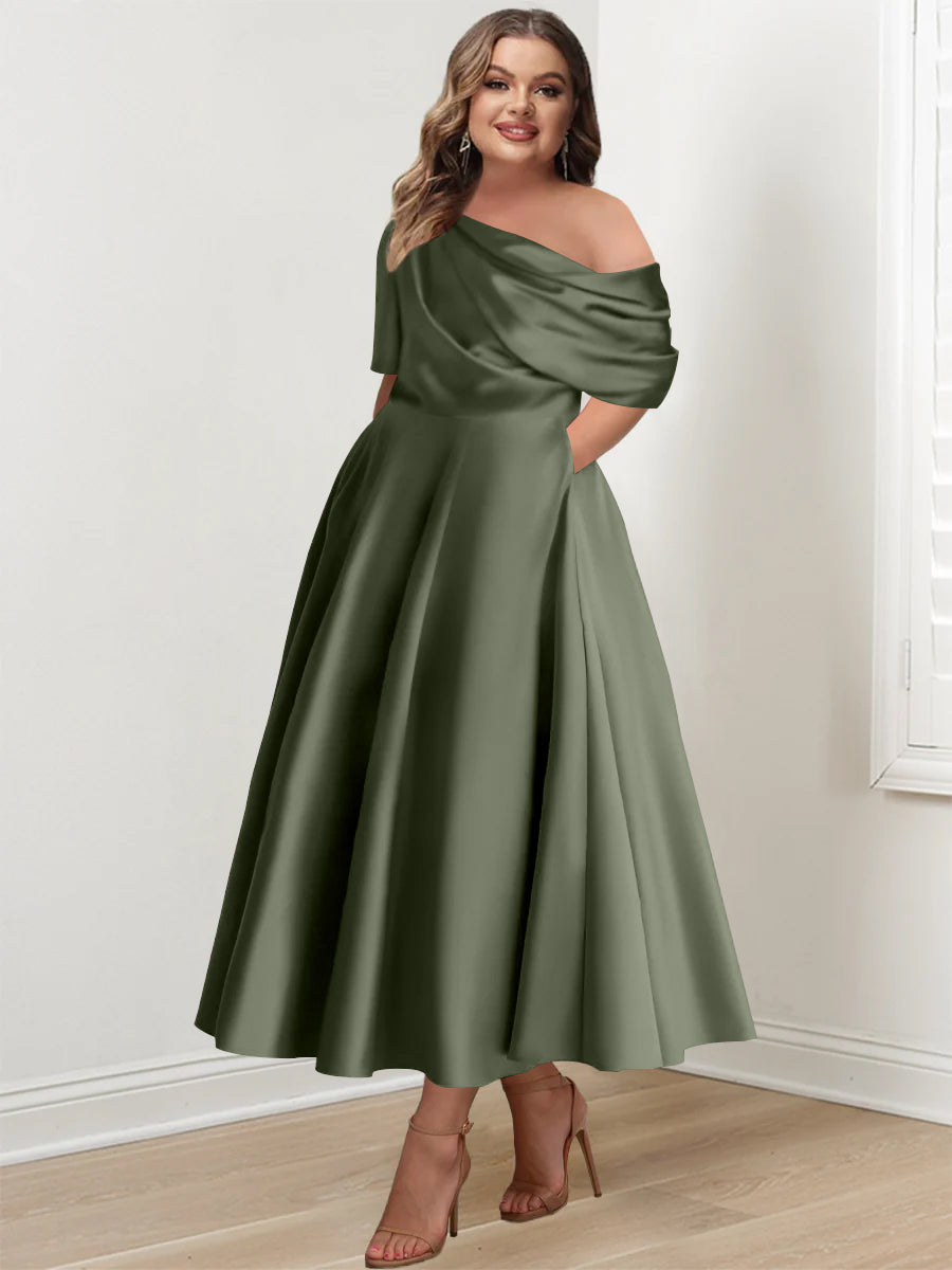Plus Size A-Line Princess Ankle-Length One-Shoulder Mother of the Bride Dress with Ruffles and Half Sleeves-BMbridal