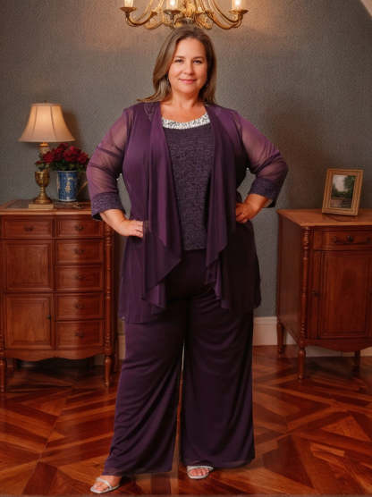 Plus-size 3/4 sleeve round-neck polyester mother-of-the-bride dress set with jacket