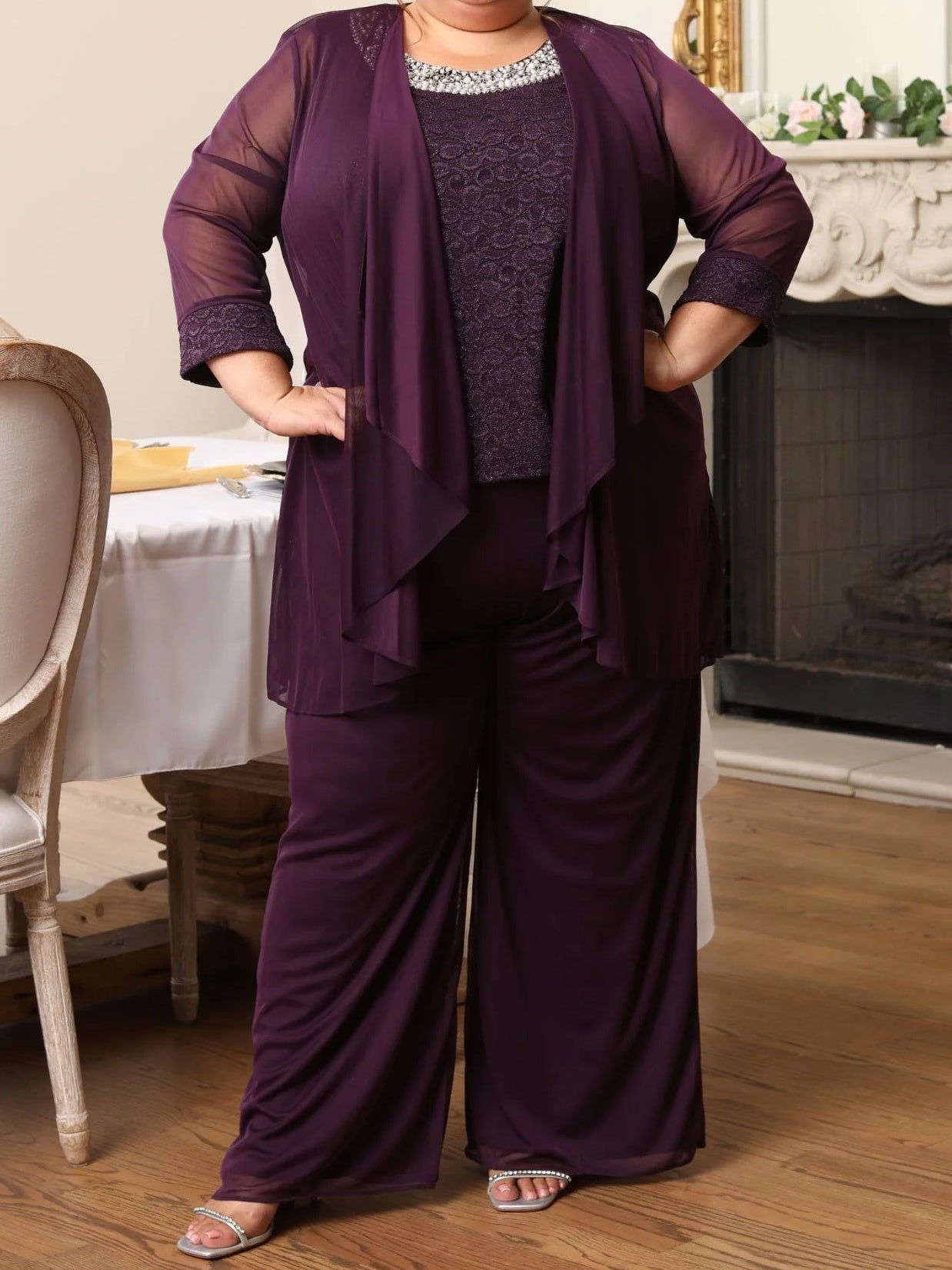 Plus-size 3/4 sleeve round-neck polyester mother-of-the-bride dress set with jacket