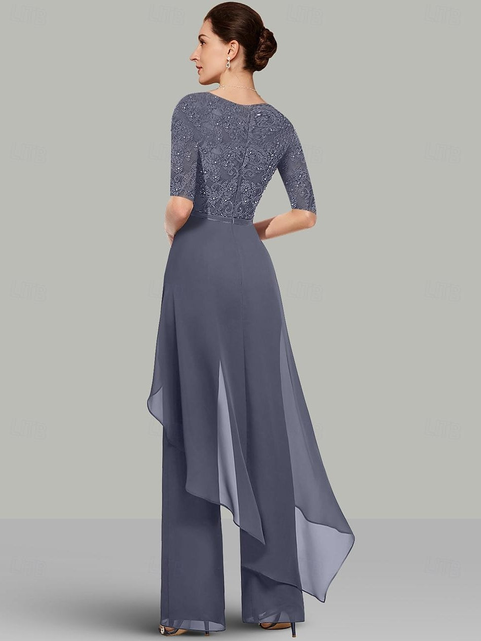 2-Piece Chiffon Mother of the Bride Pantsuit with Jewel Neck Half Sleeves and Floor-Length Design featuring Lace & Ruffles-BMbridal