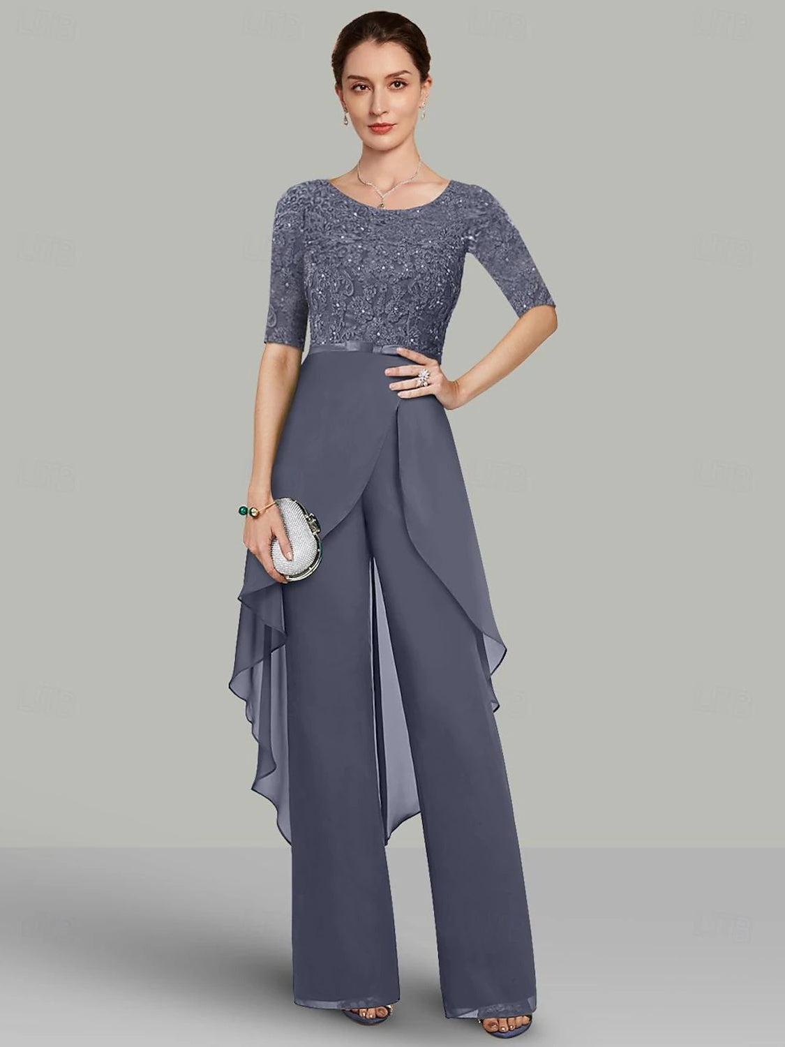 2-Piece Chiffon Mother of the Bride Pantsuit with Jewel Neck Half Sleeves and Floor-Length Design featuring Lace & Ruffles-BMbridal