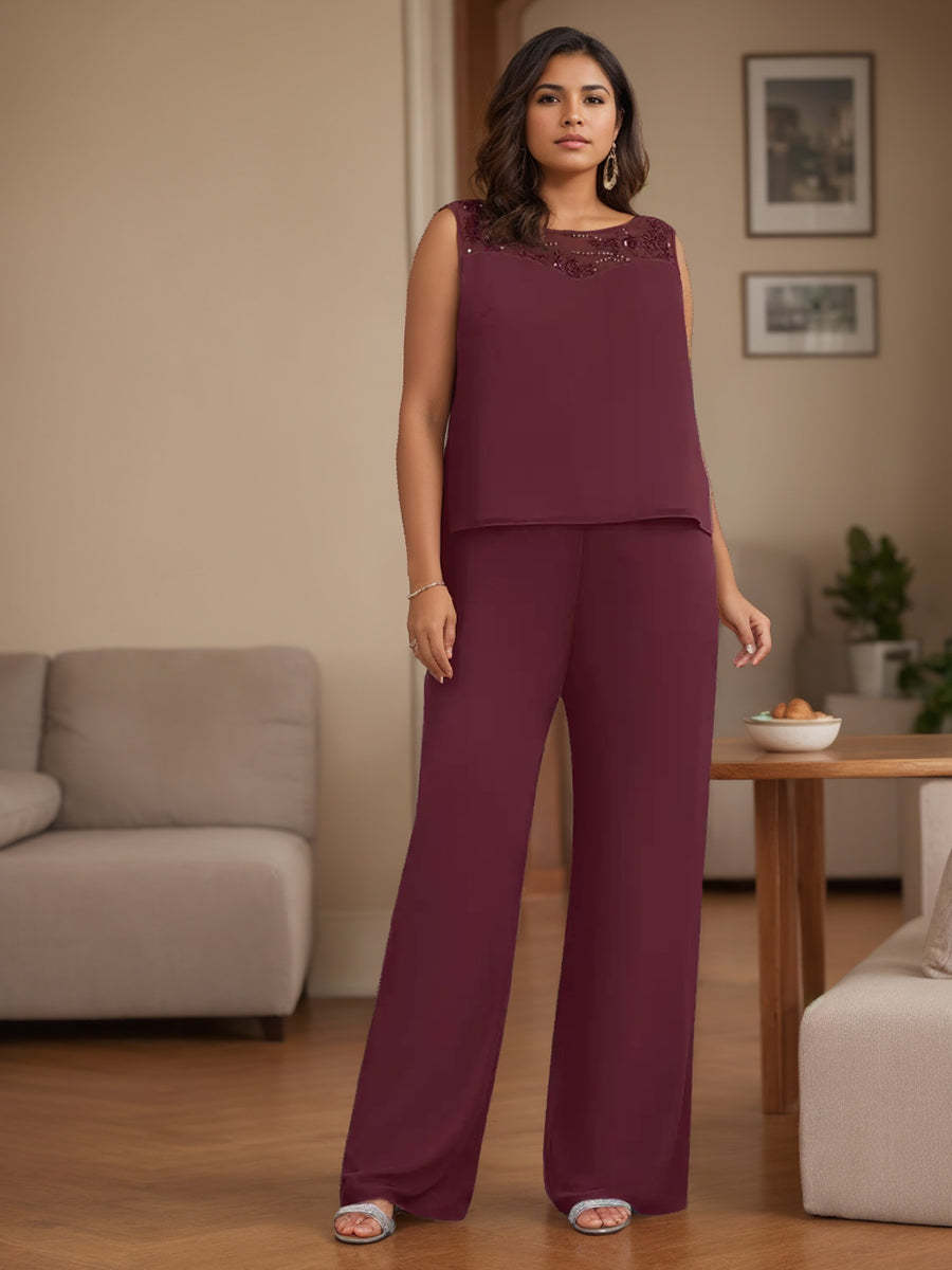 Plus Size 3-Piece Chiffon Pantsuit with Beaded Jacket Lace and Sequins for the Mother of the Bride-BMbridal