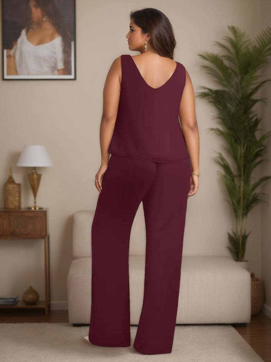 Plus Size 3-Piece Chiffon Pantsuit with Beaded Jacket Lace and Sequins for the Mother of the Bride-BMbridal