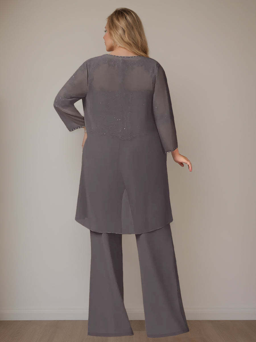 Plus Size Floor-Length Chiffon Pantsuits With Jacket - 3 Piece Set Scoop Neck & Long Sleeves
