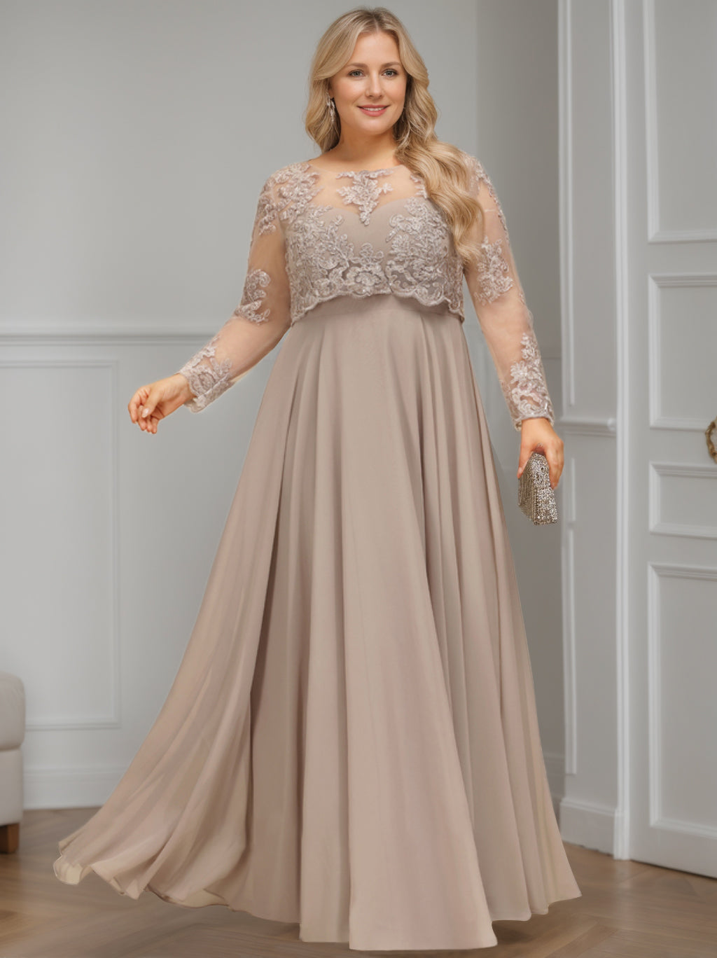 Plus Size Floor-Length A-Line Mother of the Bride Dress with Scoop Neck and Long Sequined Sleeves-BMbridal