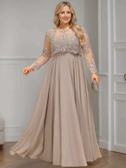 Plus Size Floor-Length A-Line Mother of the Bride Dress with Scoop Neck and Long Sequined Sleeves-BMbridal