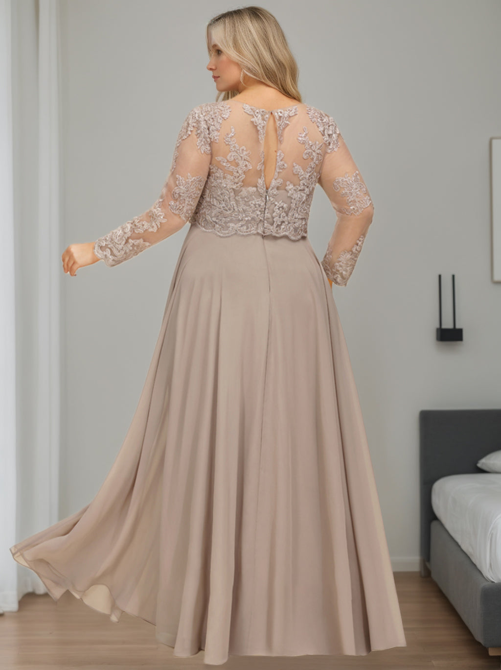Plus Size Floor-Length A-Line Mother of the Bride Dress with Scoop Neck and Long Sequined Sleeves-BMbridal