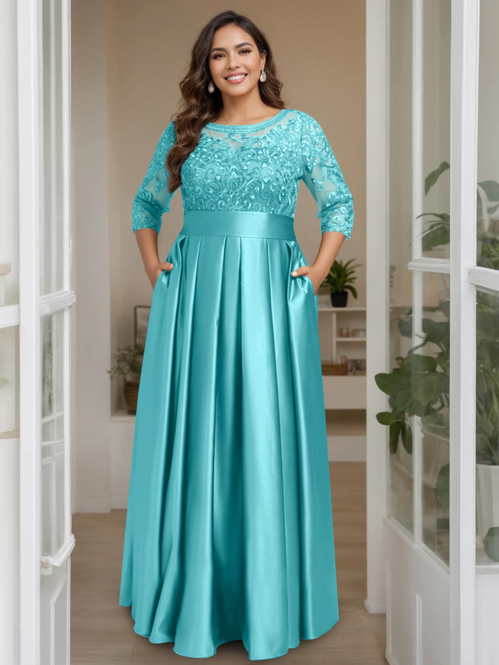 Plus Size Floor-Length Mother of the Bride A-Line Dress with 3/4 Sleeves Scoop Neck Bow & Sequins-BMbridal