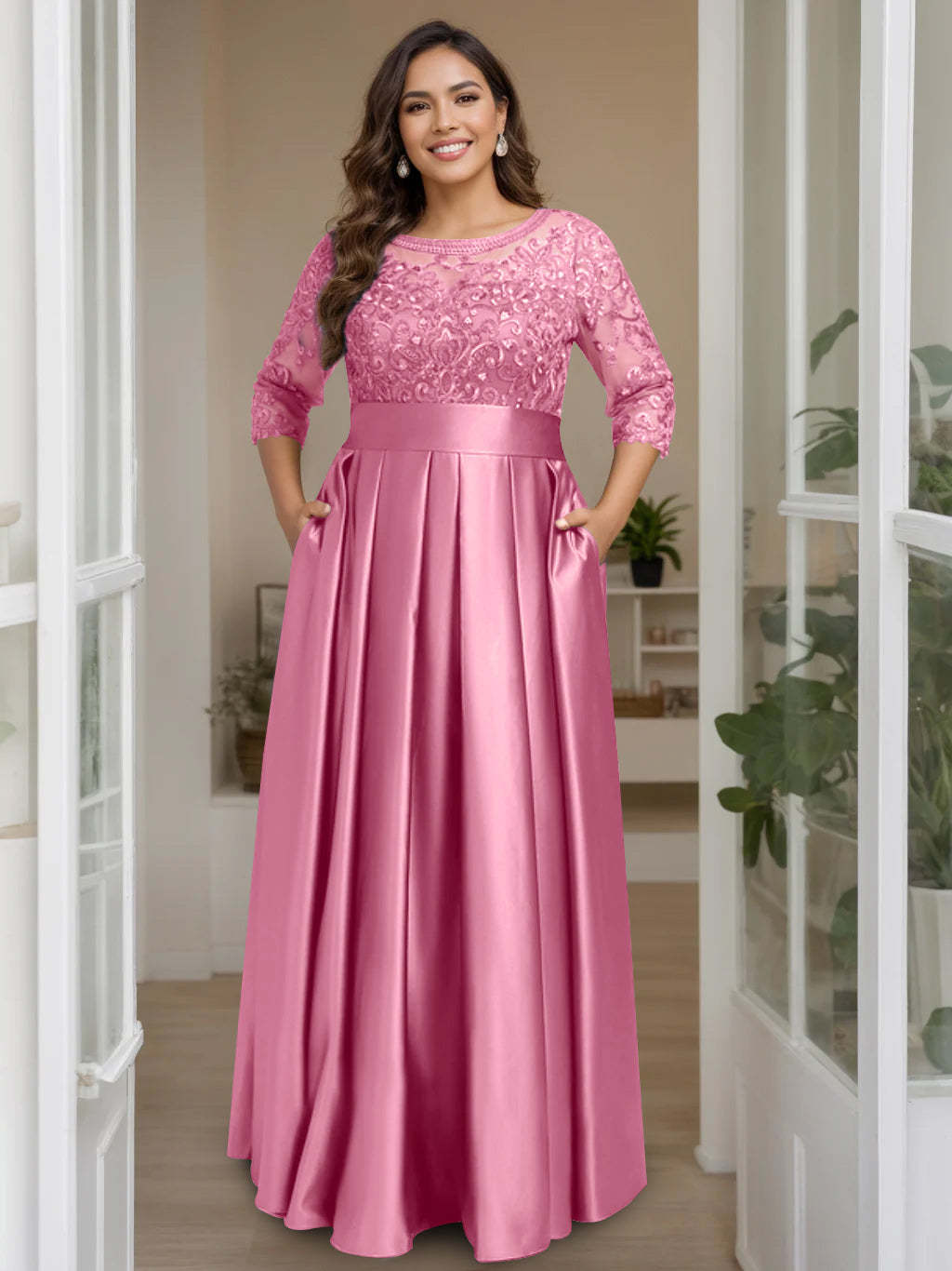 Plus Size Floor-Length Mother of the Bride A-Line Dress with 3/4 Sleeves Scoop Neck Bow & Sequins-BMbridal