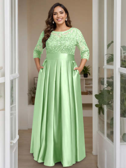 Plus Size Floor-Length Mother of the Bride A-Line Dress with 3/4 Sleeves Scoop Neck Bow & Sequins-BMbridal